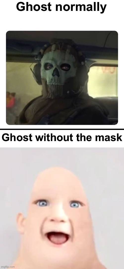 The mf looks different without the mask | Ghost normally; Ghost without the mask | image tagged in ghost staring,blank white template,mr incredible baby,msmg,cod | made w/ Imgflip meme maker