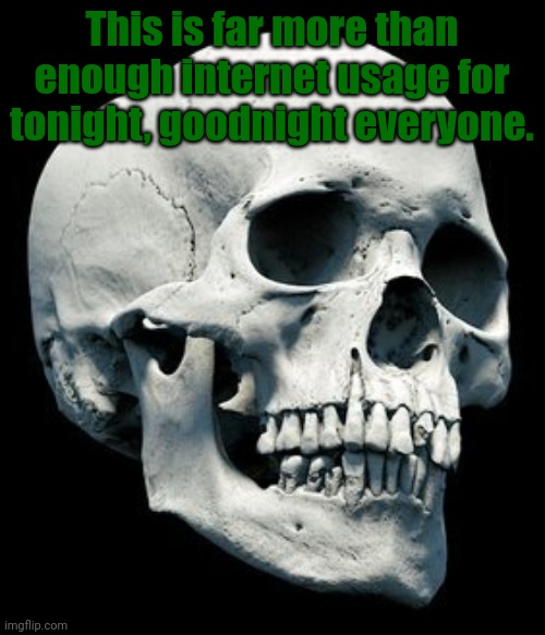 Skull | This is far more than enough internet usage for tonight, goodnight everyone. | image tagged in skull | made w/ Imgflip meme maker