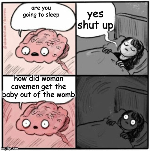 Brain Before Sleep | yes shut up; are you going to sleep; how did woman cavemen get the baby out of the womb | image tagged in brain before sleep | made w/ Imgflip meme maker