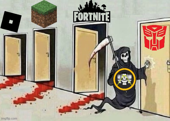 The absolute state of official collaborations | image tagged in grim reaper 4 doors,skibidi toilet,transformers,minecraft,fortnite,roblox | made w/ Imgflip meme maker