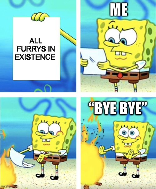 Spongebob Burning Paper | ME; ALL FURRYS IN EXISTENCE; “BYE BYE” | image tagged in spongebob burning paper | made w/ Imgflip meme maker