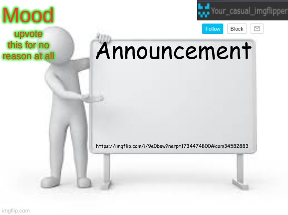 YCI announcement template | upvote this for no reason at all; https://imgflip.com/i/9e0bsw?nerp=1734474800#com34582883 | image tagged in yci announcement template | made w/ Imgflip meme maker