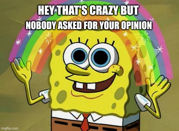 Imagination Spongebob | HEY THAT'S CRAZY BUT; NOBODY ASKED FOR YOUR OPINION | image tagged in memes,imagination spongebob | made w/ Imgflip meme maker