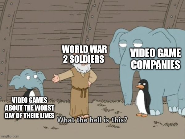 You're welcome | WORLD WAR 2 SOLDIERS; VIDEO GAME COMPANIES; VIDEO GAMES ABOUT THE WORST DAY OF THEIR LIVES | image tagged in what the hell is this | made w/ Imgflip meme maker