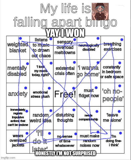 bingooooooo | YAY I WON; HONESTLY I'M NOT SURPRISED | image tagged in my life is falling apart bingo | made w/ Imgflip meme maker