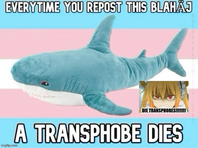 Transphobe killing Blahaj | DIE TRANSPHOBES!!!!!!!! | image tagged in transphobe killing blahaj | made w/ Imgflip meme maker