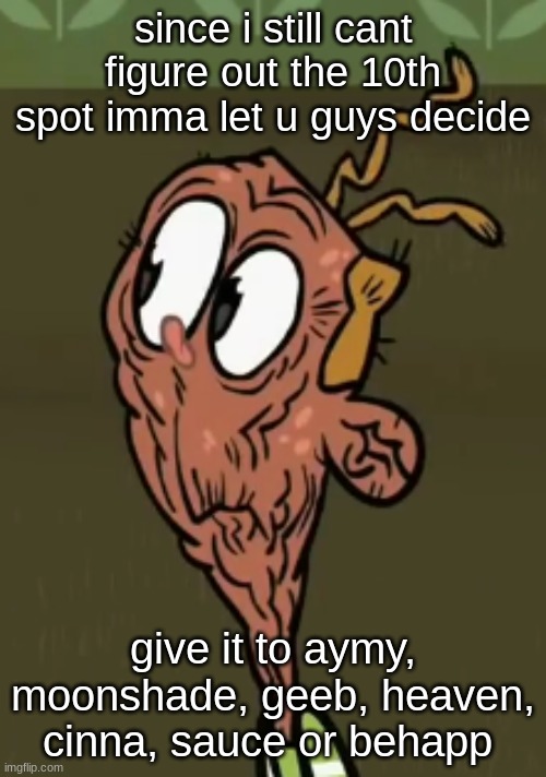 two shoes wild | since i still cant figure out the 10th spot imma let u guys decide; give it to aymy, moonshade, geeb, heaven, cinna, sauce or behapp | image tagged in two shoes wild | made w/ Imgflip meme maker