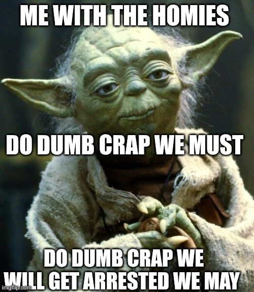 The boys experience | ME WITH THE HOMIES; DO DUMB CRAP WE MUST; DO DUMB CRAP WE WILL GET ARRESTED WE MAY | image tagged in memes,star wars yoda,the boys,dumb ass | made w/ Imgflip meme maker