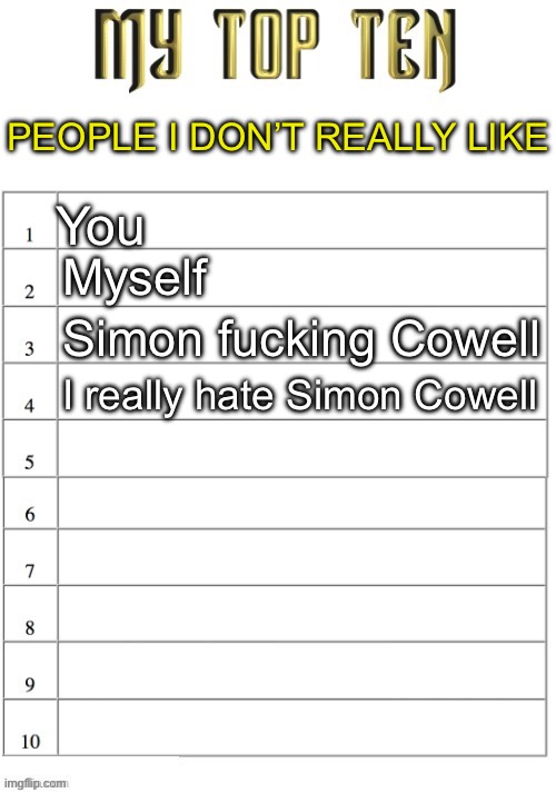 I’m wondering who gets it | PEOPLE I DON’T REALLY LIKE; You; Myself; Simon fucking Cowell; I really hate Simon Cowell | image tagged in top ten list better | made w/ Imgflip meme maker