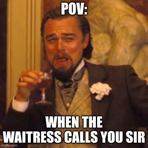 Hi guys, sorry I havn't been posting for so long, i got signed out and forgot my password | POV:; WHEN THE WAITRESS CALLS YOU SIR | image tagged in memes,laughing leo | made w/ Imgflip meme maker