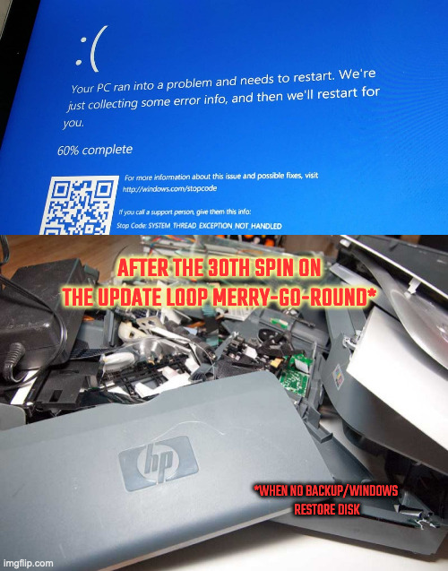 Software Error | AFTER THE 30TH SPIN ON THE UPDATE LOOP MERRY-GO-ROUND*; *WHEN NO BACKUP/WINDOWS 
RESTORE DISK | image tagged in bsod,carly fiorina broken computer | made w/ Imgflip meme maker