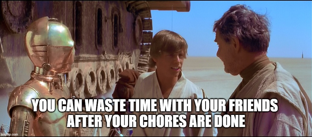 You can waste time with your friends when your chores are done | YOU CAN WASTE TIME WITH YOUR FRIENDS 
AFTER YOUR CHORES ARE DONE | image tagged in star wars shut up/power converters | made w/ Imgflip meme maker