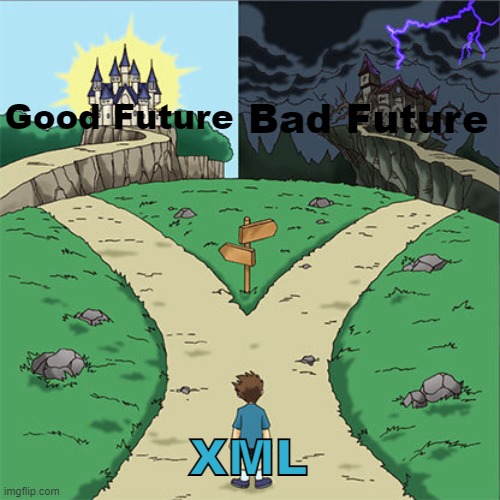 XML meme #8 | Bad Future; Good Future; XML | image tagged in two paths,fnf,fnf au,xml hatsune | made w/ Imgflip meme maker