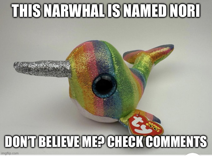 Thanks to “murderdronesandglitchtechsmemes” (why you got such a long-a*s name bro?) | THIS NARWHAL IS NAMED NORI; DON’T BELIEVE ME? CHECK COMMENTS | image tagged in murder drones,plush,shopping,glitch productions | made w/ Imgflip meme maker