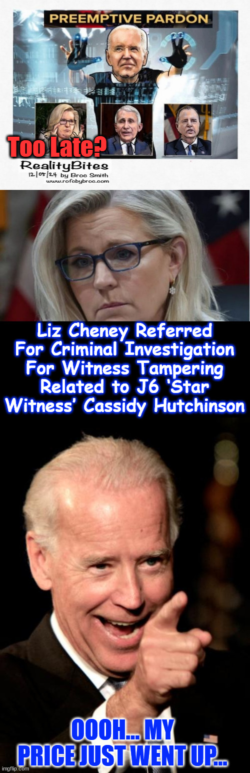 Watch the other crooks paying up quicker now... | Too Late? Liz Cheney Referred For Criminal Investigation For Witness Tampering Related to J6 ‘Star Witness’ Cassidy Hutchinson; OOOH... MY PRICE JUST WENT UP... | image tagged in memes,smilin biden,pardon prices,just went up,thanks to congress | made w/ Imgflip meme maker