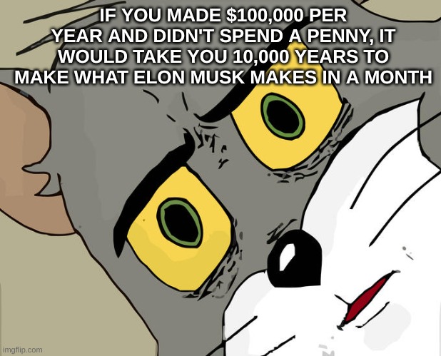 Unsettled Tom Meme | IF YOU MADE $100,000 PER YEAR AND DIDN'T SPEND A PENNY, IT WOULD TAKE YOU 10,000 YEARS TO MAKE WHAT ELON MUSK MAKES IN A MONTH | image tagged in memes,unsettled tom | made w/ Imgflip meme maker