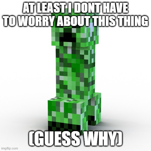 CREEPER AW MAN | AT LEAST I DONT HAVE TO WORRY ABOUT THIS THING; (GUESS WHY) | image tagged in creeper aw man | made w/ Imgflip meme maker