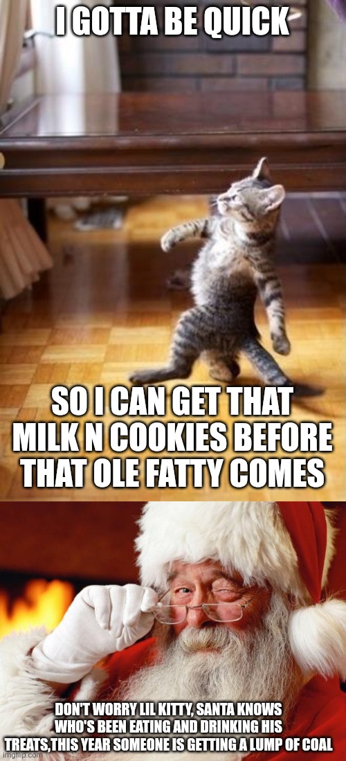 I GOTTA BE QUICK; SO I CAN GET THAT MILK N COOKIES BEFORE THAT OLE FATTY COMES; DON'T WORRY LIL KITTY, SANTA KNOWS WHO'S BEEN EATING AND DRINKING HIS TREATS,THIS YEAR SOMEONE IS GETTING A LUMP OF COAL | image tagged in memes,cool cat stroll,santa | made w/ Imgflip meme maker