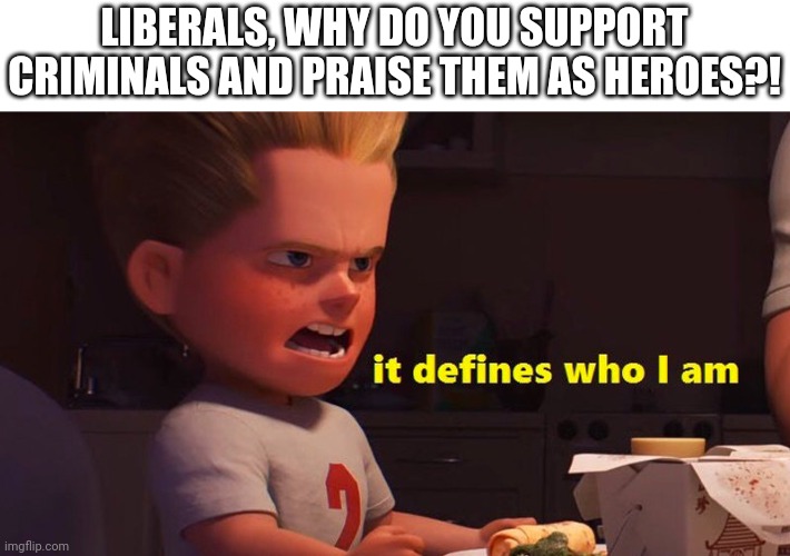 All you need to know | LIBERALS, WHY DO YOU SUPPORT CRIMINALS AND PRAISE THEM AS HEROES?! | image tagged in it defines who i am | made w/ Imgflip meme maker