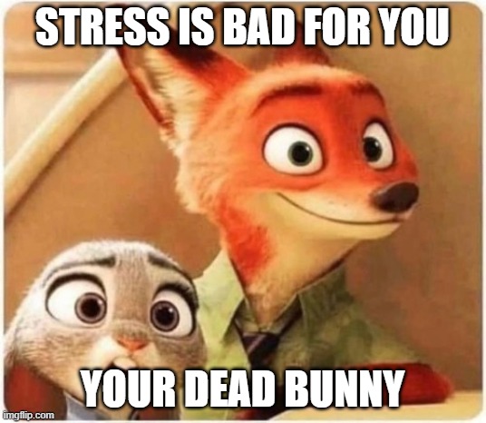 Stress is bad for you | STRESS IS BAD FOR YOU; YOUR DEAD BUNNY | image tagged in zootopia two reactions | made w/ Imgflip meme maker