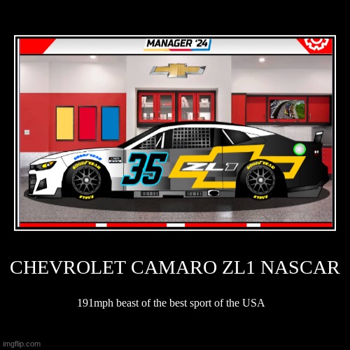 CHEVROLET CAMARO ZL1 NASCAR | 191mph beast of the best sport of the USA | image tagged in funny,demotivationals,nascar,camaro zl1 | made w/ Imgflip demotivational maker