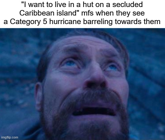 They didn't think about this part | "I want to live in a hut on a secluded Caribbean island" mfs when they see a Category 5 hurricane barreling towards them | image tagged in memes,funny,william dafoe looking up,true story bro,that feeling when,why are you reading the tags | made w/ Imgflip meme maker