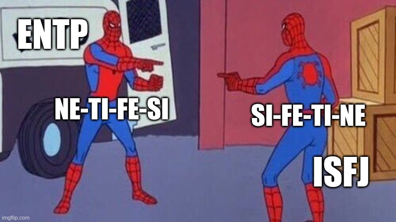 Different priorities but same tools | ENTP; SI-FE-TI-NE; NE-TI-FE-SI; ISFJ | image tagged in spiderman pointing at spiderman,entp,isfj,mbti,myers briggs,personality | made w/ Imgflip meme maker