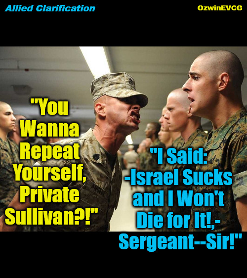 {Sources are...} Allied Clarification {...in Comments} | OzwinEVCG; Allied Clarification; "I Said: 

-Israel Sucks 

and I Won't 

Die for It!,- 

Sergeant--Sir!"; "You 

Wanna 

Repeat 

Yourself, 

Private 

Sullivan?!" | image tagged in shouting soldiers,israel,lies,middle east,us foreign policy,peace vs ww3 | made w/ Imgflip meme maker