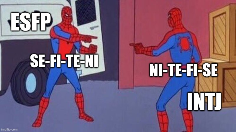 Different priorities but same tools | ESFP; SE-FI-TE-NI; NI-TE-FI-SE; INTJ | image tagged in spiderman pointing at spiderman,esfp,intj,mbti,myers briggs,personality | made w/ Imgflip meme maker