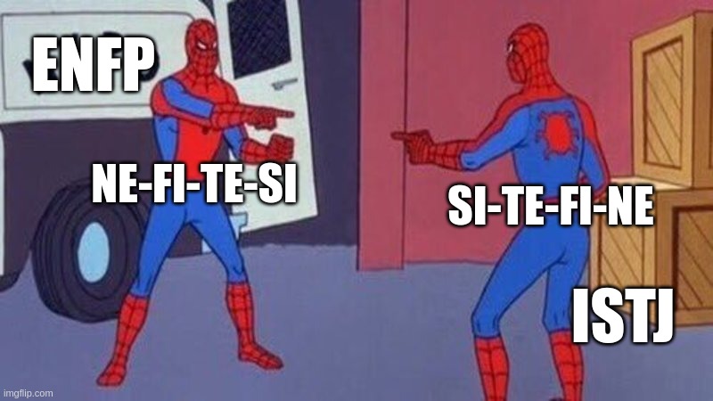 Different priorities but same tools | ENFP; NE-FI-TE-SI; SI-TE-FI-NE; ISTJ | image tagged in spiderman pointing at spiderman,istj,enfp,mbti,myers briggs,personality | made w/ Imgflip meme maker