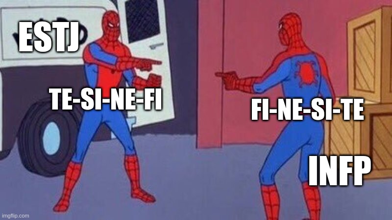 Different priorities but same tools | ESTJ; TE-SI-NE-FI; FI-NE-SI-TE; INFP | image tagged in spiderman pointing at spiderman,mbti,myers briggs,personality,estj,infp | made w/ Imgflip meme maker