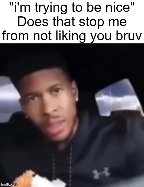 tf did you say | "i'm trying to be nice"
Does that stop me from not liking you bruv | image tagged in tf did you say | made w/ Imgflip meme maker