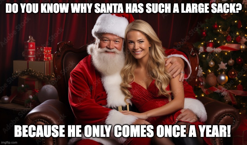 DO YOU KNOW WHY SANTA HAS SUCH A LARGE SACK? BECAUSE HE ONLY COMES ONCE A YEAR! | image tagged in santa | made w/ Imgflip meme maker