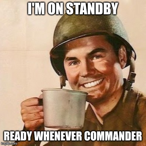 I'M ON STANDBY READY WHENEVER COMMANDER | image tagged in coffee soldier | made w/ Imgflip meme maker