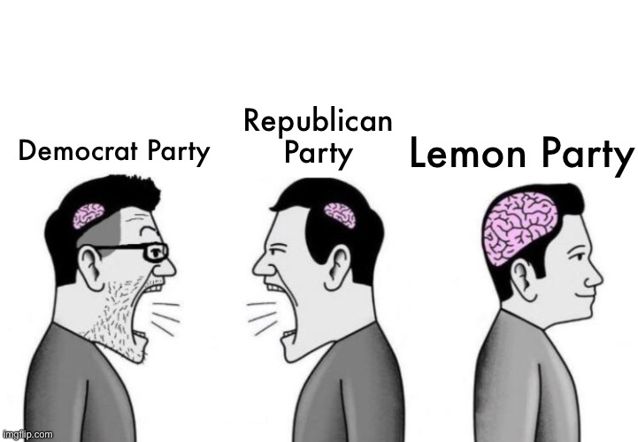 Two small brain men screaming at each other while big brain man | Republican Party; Lemon Party; Democrat Party | image tagged in two small brain men screaming at each other while big brain man | made w/ Imgflip meme maker