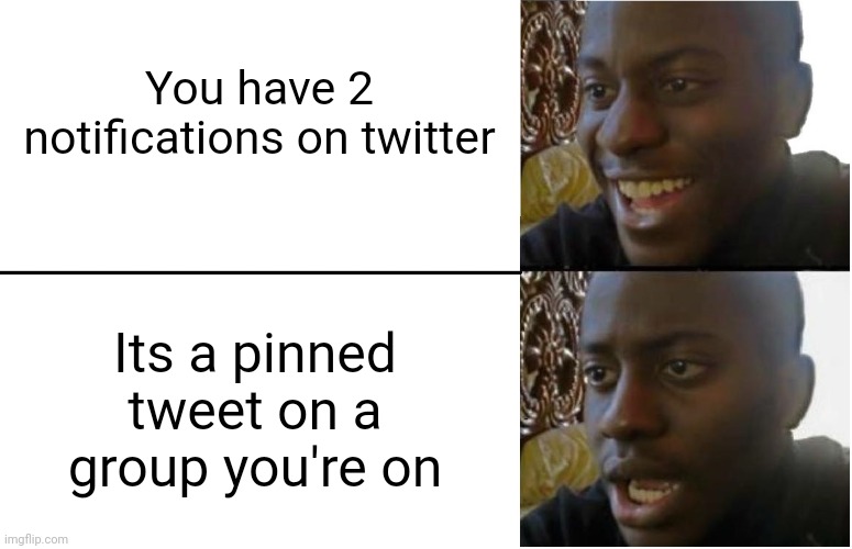 Reality of twitter | You have 2 notifications on twitter; Its a pinned tweet on a group you're on | image tagged in disappointed black guy | made w/ Imgflip meme maker