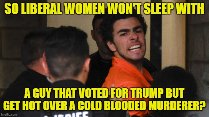 Modern Liberal Women need their heads checked | SO LIBERAL WOMEN WON'T SLEEP WITH; A GUY THAT VOTED FOR TRUMP BUT GET HOT OVER A COLD BLOODED MURDERER? | image tagged in liberal logic,luigi,women,killer,maga,delusional | made w/ Imgflip meme maker