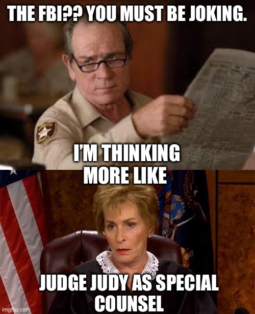 THE FBI?? YOU MUST BE JOKING. JUDGE JUDY AS SPECIAL
COUNSEL I’M THINKING MORE LIKE | image tagged in no country for old men tommy lee jones,judge judy unimpressed | made w/ Imgflip meme maker