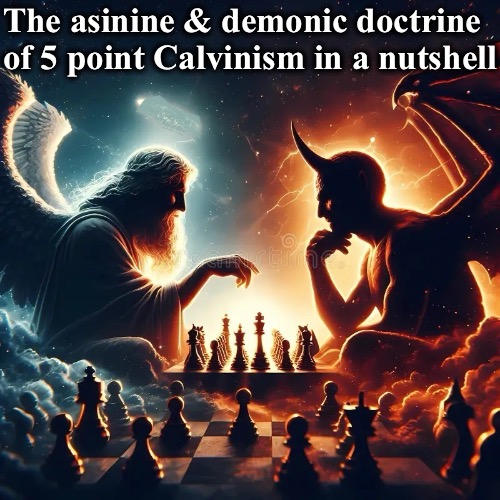 Cosmic Chess Game | The asinine & demonic doctrine; of 5 point Calvinism in a nutshell | image tagged in calvinism,arminian,molinism,reformed theology 5 point calvinists,asinine lifeless and evil,what's the point | made w/ Imgflip meme maker