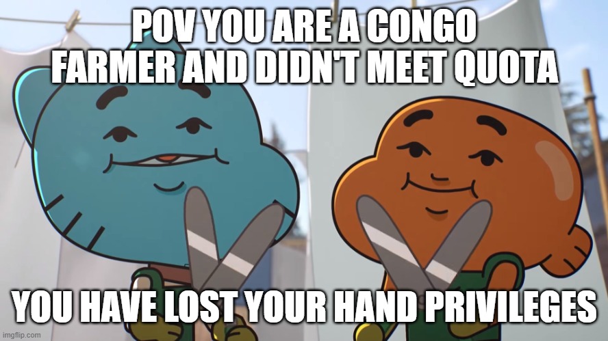 You have lost _ privilege | POV YOU ARE A CONGO FARMER AND DIDN'T MEET QUOTA; YOU HAVE LOST YOUR HAND PRIVILEGES | image tagged in you have lost _ privilege | made w/ Imgflip meme maker