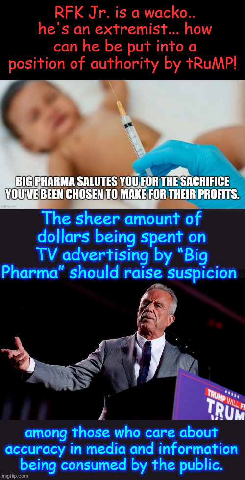 Show me congress members opposed to RFK Jr nomination and I'll show you who is bought by Big Pharma | RFK Jr. is a wacko.. he's an extremist... how can he be put into a position of authority by tRuMP! The sheer amount of dollars being spent on TV advertising by “Big Pharma” should raise suspicion; among those who care about accuracy in media and information being consumed by the public. | image tagged in big pharma,rfk jr,crooked politicians,follow the money | made w/ Imgflip meme maker