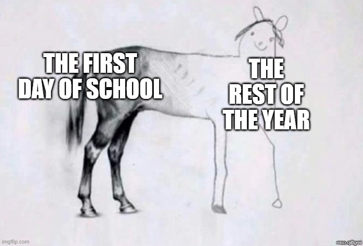 Horse Drawing | THE FIRST DAY OF SCHOOL; THE REST OF THE YEAR | image tagged in horse drawing | made w/ Imgflip meme maker