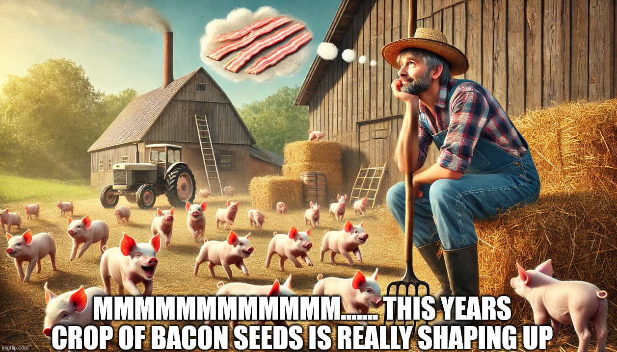 Bacon Seeds | MMMMMMMMMMMM....... THIS YEARS CROP OF BACON SEEDS IS REALLY SHAPING UP | image tagged in bacon,piglets,pigs,hogs,smoking | made w/ Imgflip meme maker