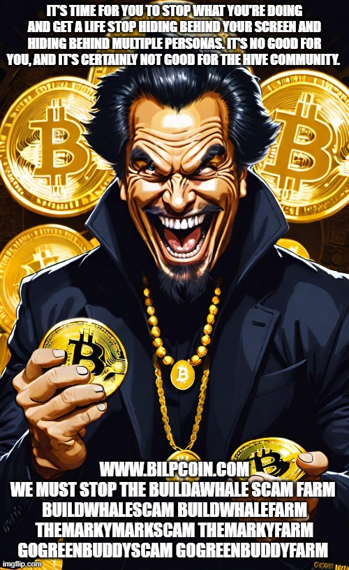 IT'S TIME FOR YOU TO STOP WHAT YOU'RE DOING AND GET A LIFE STOP HIDING BEHIND YOUR SCREEN AND HIDING BEHIND MULTIPLE PERSONAS. IT'S NO GOOD FOR YOU, AND IT'S CERTAINLY NOT GOOD FOR THE HIVE COMMUNITY. WWW.BILPCOIN.COM
WE MUST STOP THE BUILDAWHALE SCAM FARM 
BUILDWHALESCAM BUILDWHALEFARM
THEMARKYMARKSCAM THEMARKYFARM
GOGREENBUDDYSCAM GOGREENBUDDYFARM | made w/ Imgflip meme maker