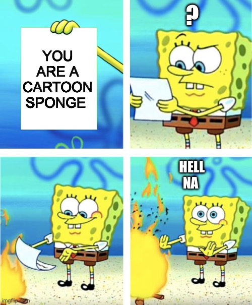 Spongebob Burning Paper | ? YOU ARE A CARTOON SPONGE; HELL NA | image tagged in spongebob burning paper | made w/ Imgflip meme maker