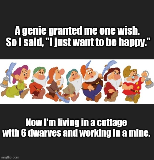 7 Dwarves Lol | A genie granted me one wish. 
So I said, "I just want to be happy."; Now I'm living in a cottage with 6 dwarves and working in a mine. | image tagged in the 7 dwarves,snow white,funny,lol,genie | made w/ Imgflip meme maker