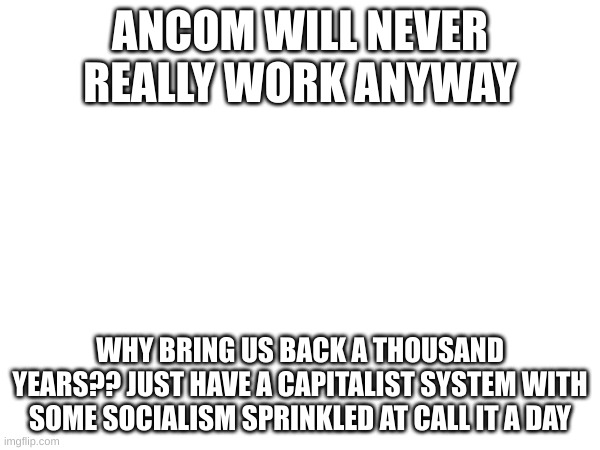 sure some of it works but its not worth the such radical change | ANCOM WILL NEVER REALLY WORK ANYWAY; WHY BRING US BACK A THOUSAND YEARS?? JUST HAVE A CAPITALIST SYSTEM WITH SOME SOCIALISM SPRINKLED AT CALL IT A DAY | made w/ Imgflip meme maker