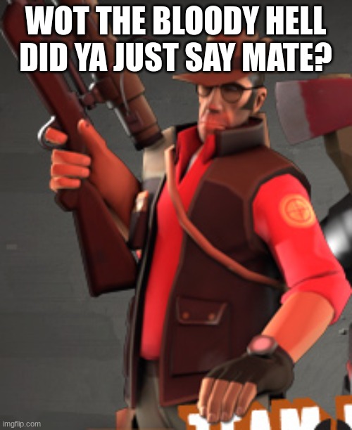 TF2 sniper | WOT THE BLOODY HELL DID YA JUST SAY MATE? | image tagged in tf2 sniper | made w/ Imgflip meme maker