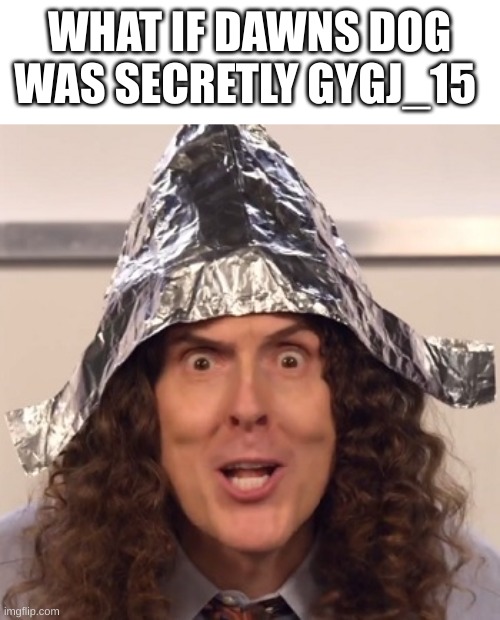 Weird al tinfoil hat | WHAT IF DAWNS DOG WAS SECRETLY GYGJ_15 | image tagged in weird al tinfoil hat | made w/ Imgflip meme maker