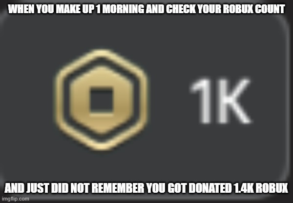 robux claimed? | WHEN YOU MAKE UP 1 MORNING AND CHECK YOUR ROBUX COUNT; AND JUST DID NOT REMEMBER YOU GOT DONATED 1.4K ROBUX | image tagged in roblox,robux,funy,funy memes | made w/ Imgflip meme maker